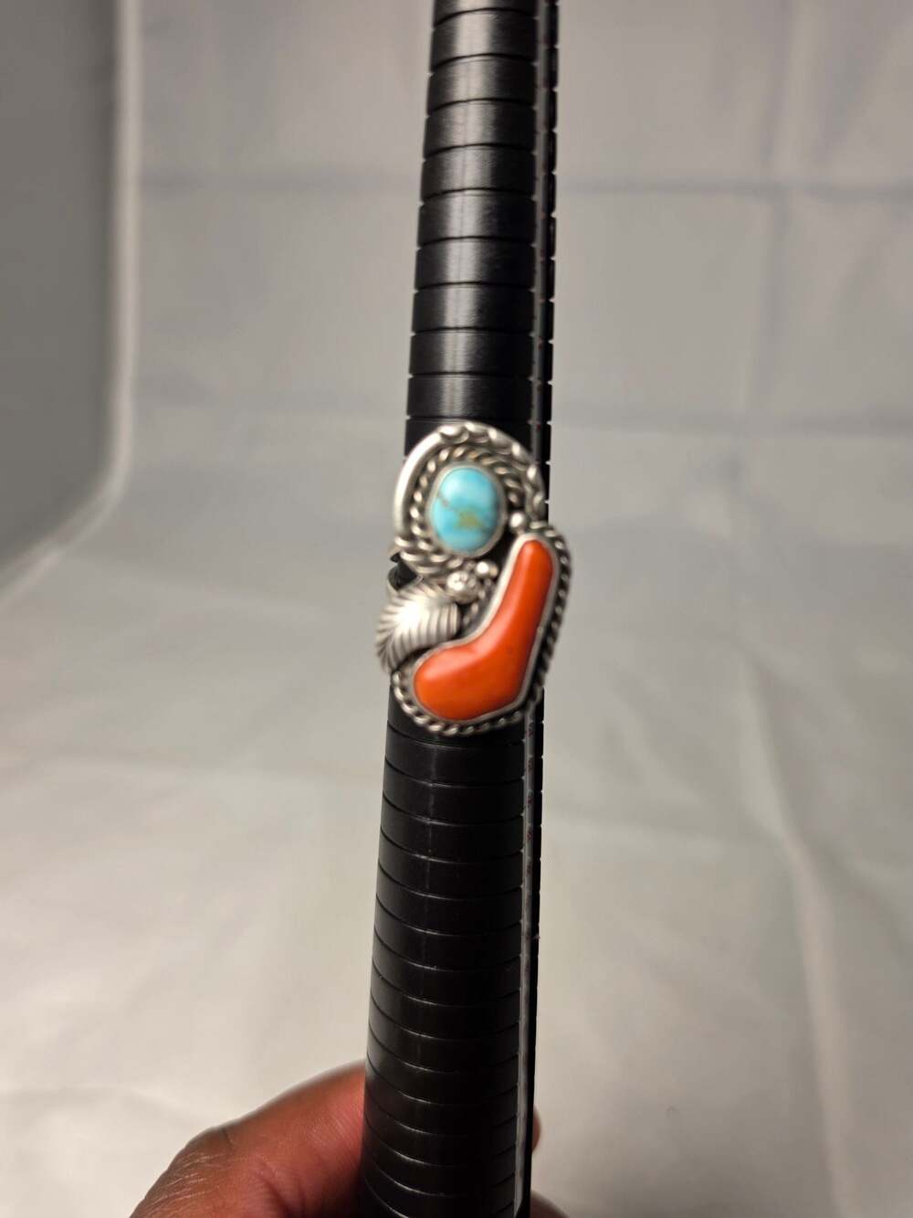 Vintage Native American Navajo Sterling Silver Turquoise and Coral Ring Signed E
